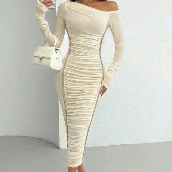 Apricot Elegant Women's Vintage Asymmetric Pleated One Shoulder Ruched Hem Dress - Picture 7 of 7